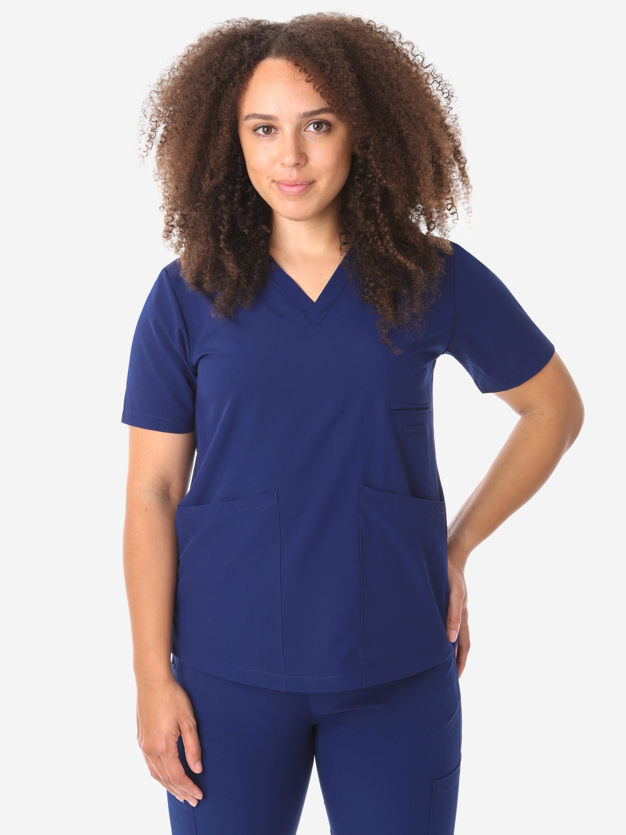 Women&#39;s Four-Pocket Scrub Top Navy Blue Top Only Front View