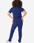 Women's Four-Pocket Scrub Top Navy Blue Full Body Back  View with 9-Pocket Pants