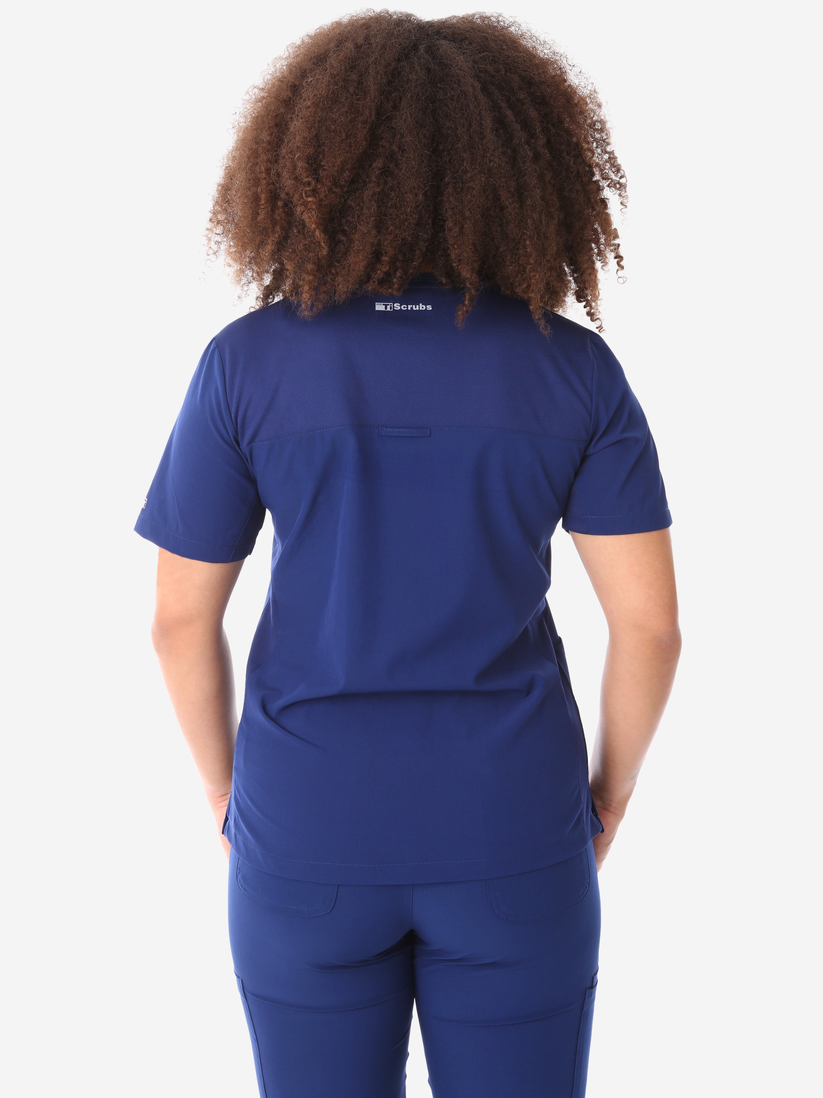 Women&#39;s Four-Pocket Scrub Top Navy Blue Top Only Back View