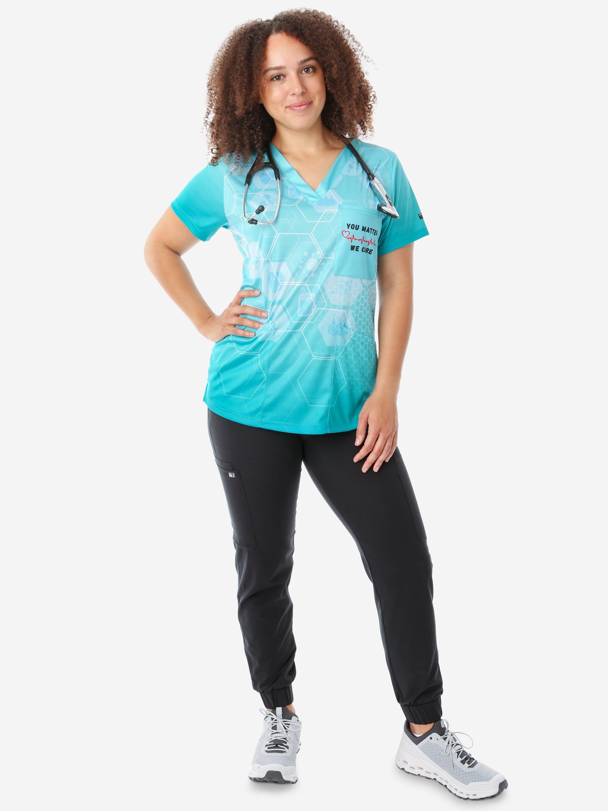 The University of Kansas Health System Nurses Week Contest Women's Scrub Top Maralee Clark Front View Full Body with Joggers