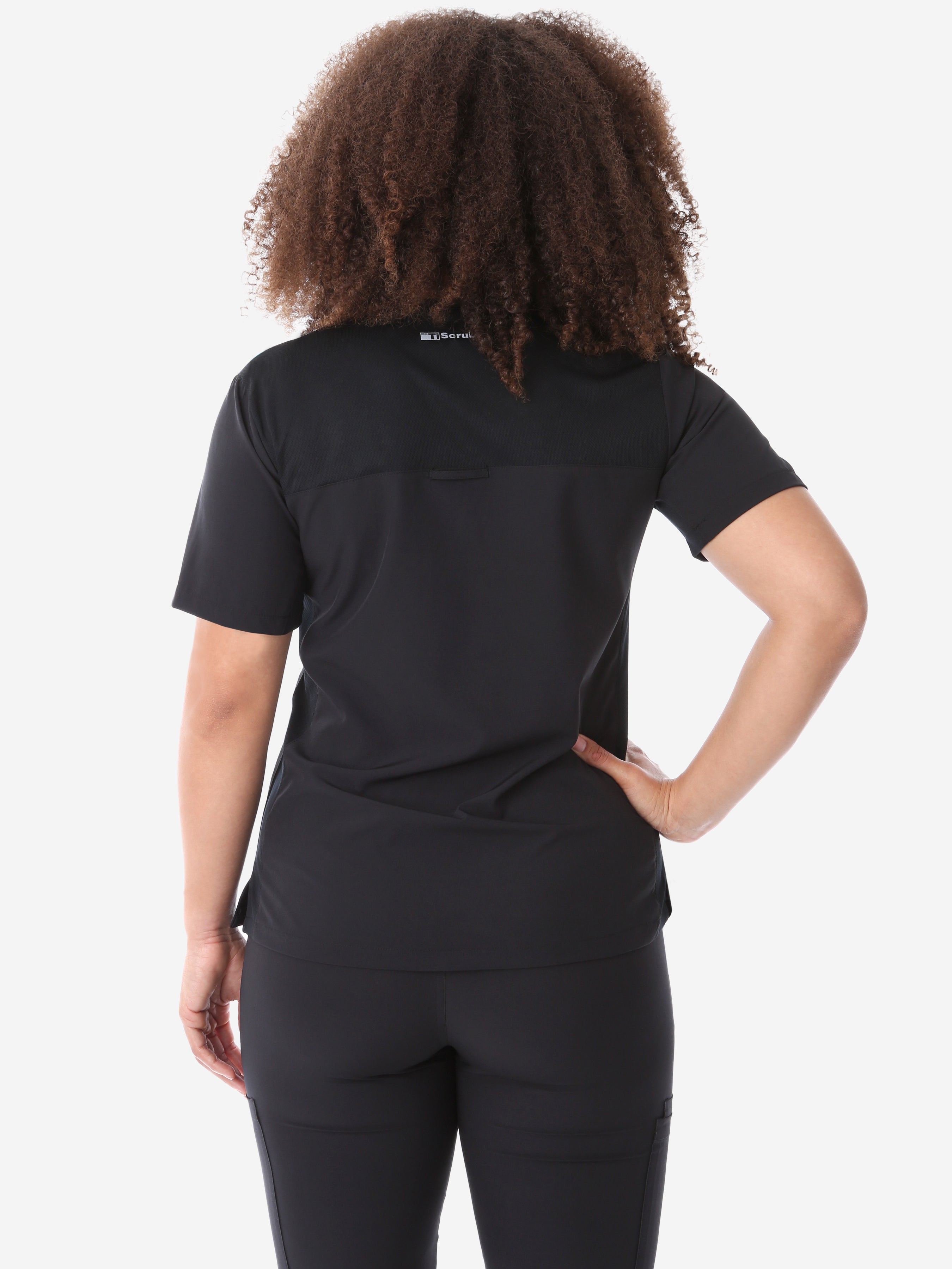 Women&#39;s Four-Pocket Scrub Top Real Black Top Only Back iew