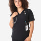 Women's Four-Pocket Scrub Top Real Black Top Only Front View with Accessories