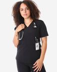 Women's Four-Pocket Scrub Top Real Black Top Only Front View with Accessories