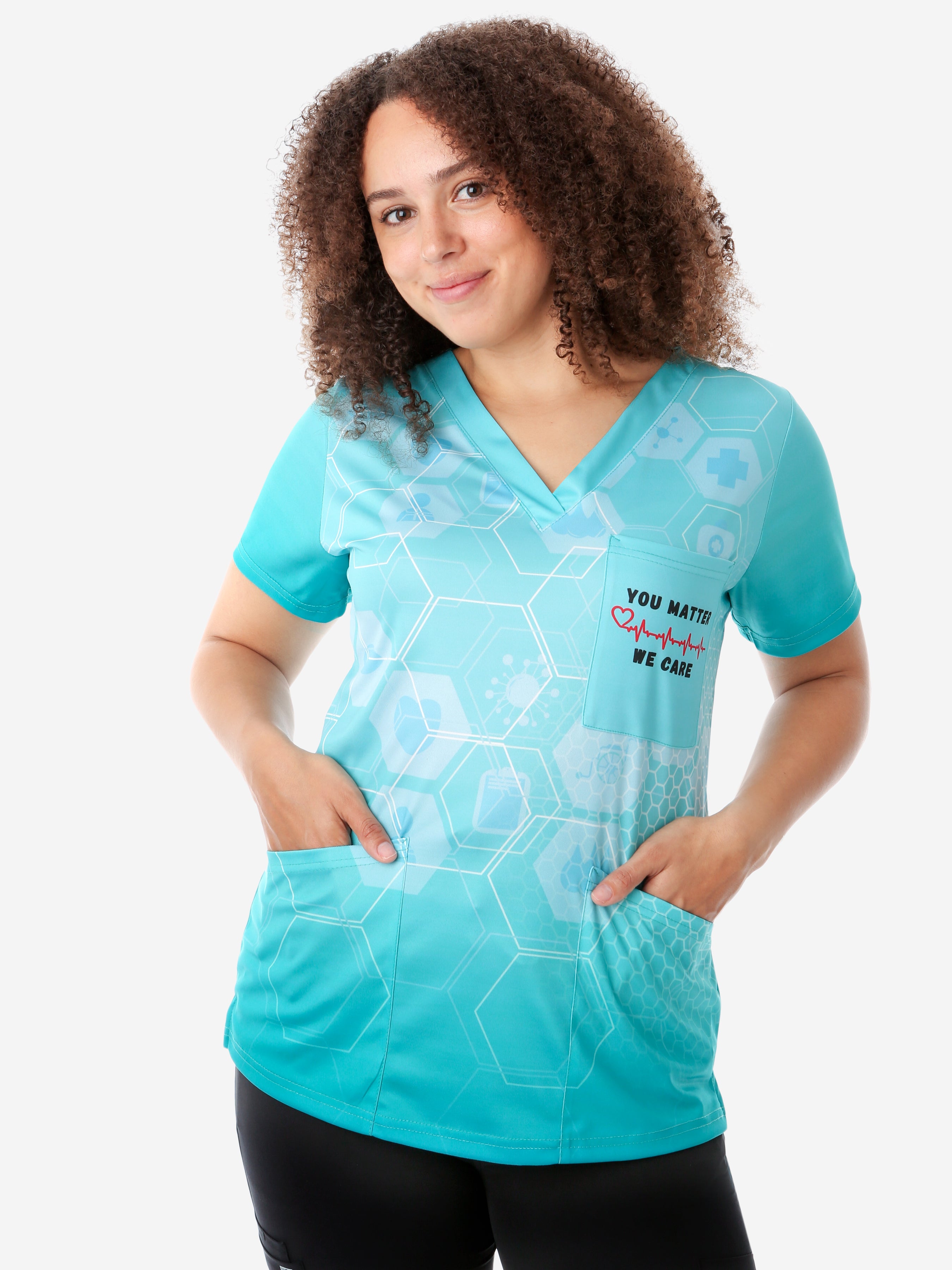 The University of Kansas Health System Nurses Week Contest Women's Scrub Top You Matter We Care Front View Top Only