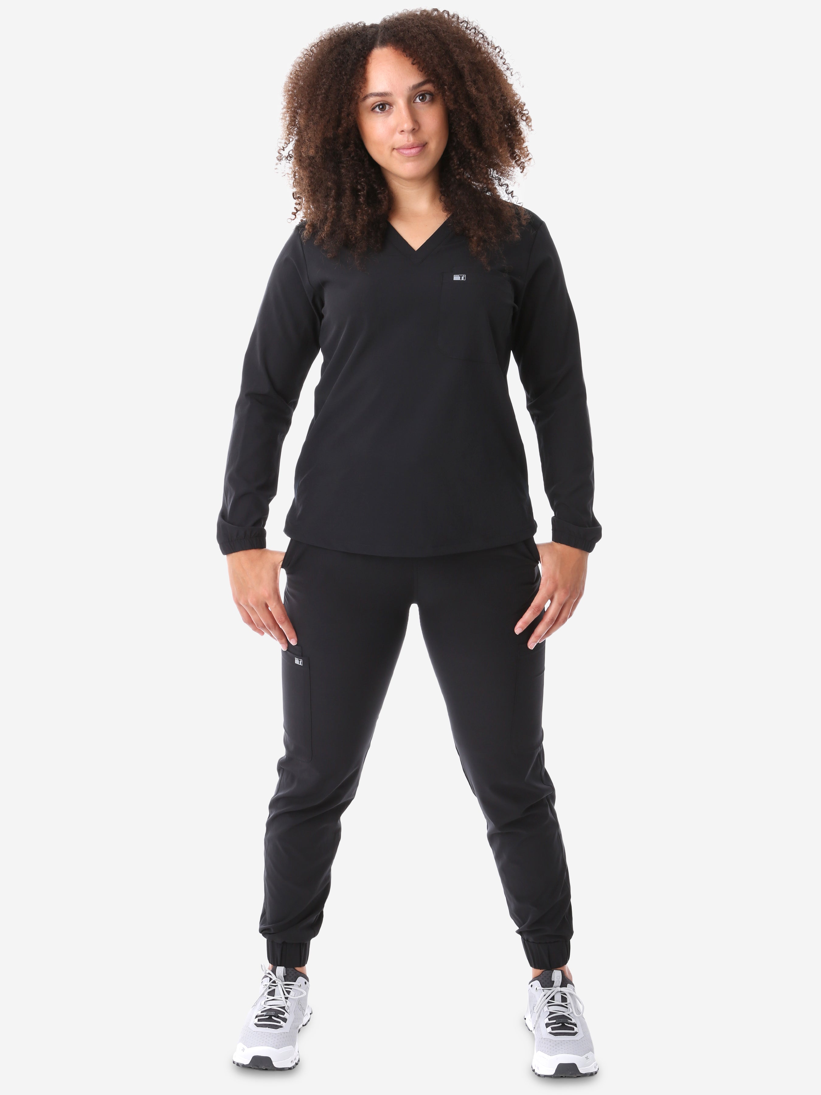Women&#39;s Real Black Long-Sleeve Scrub Untucked Full Body Front View with Perfect Joggers