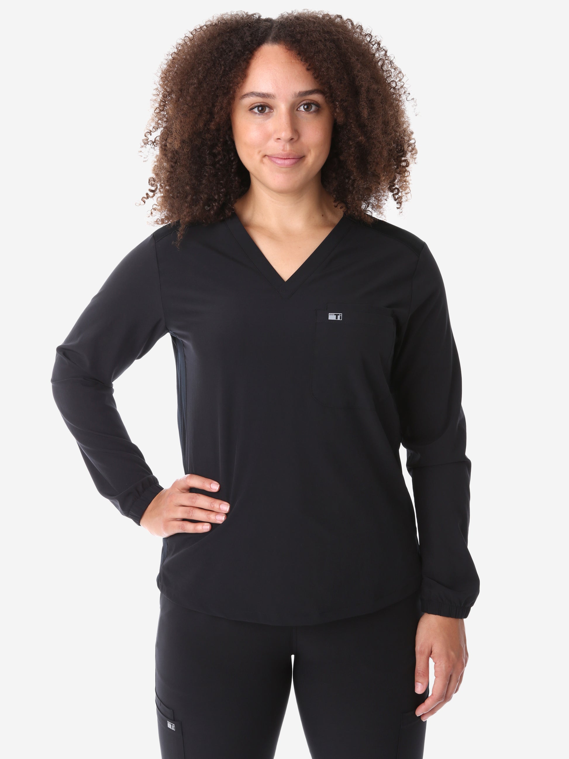 Women's Real Black Long-Sleeve Scrub Top Only Front View