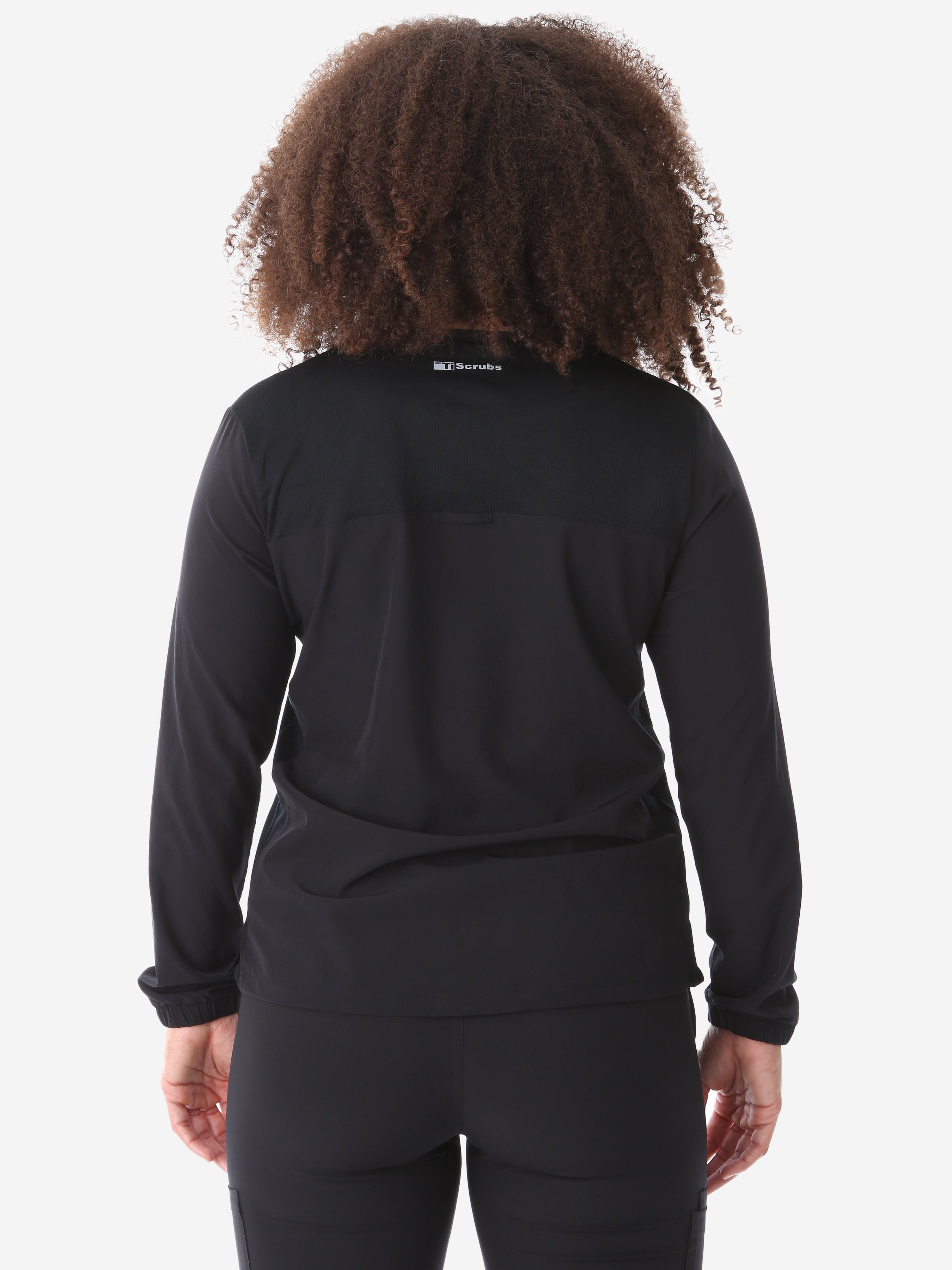 Women's Real Black Long-Sleeve Scrub Untucked Top Only Back View 