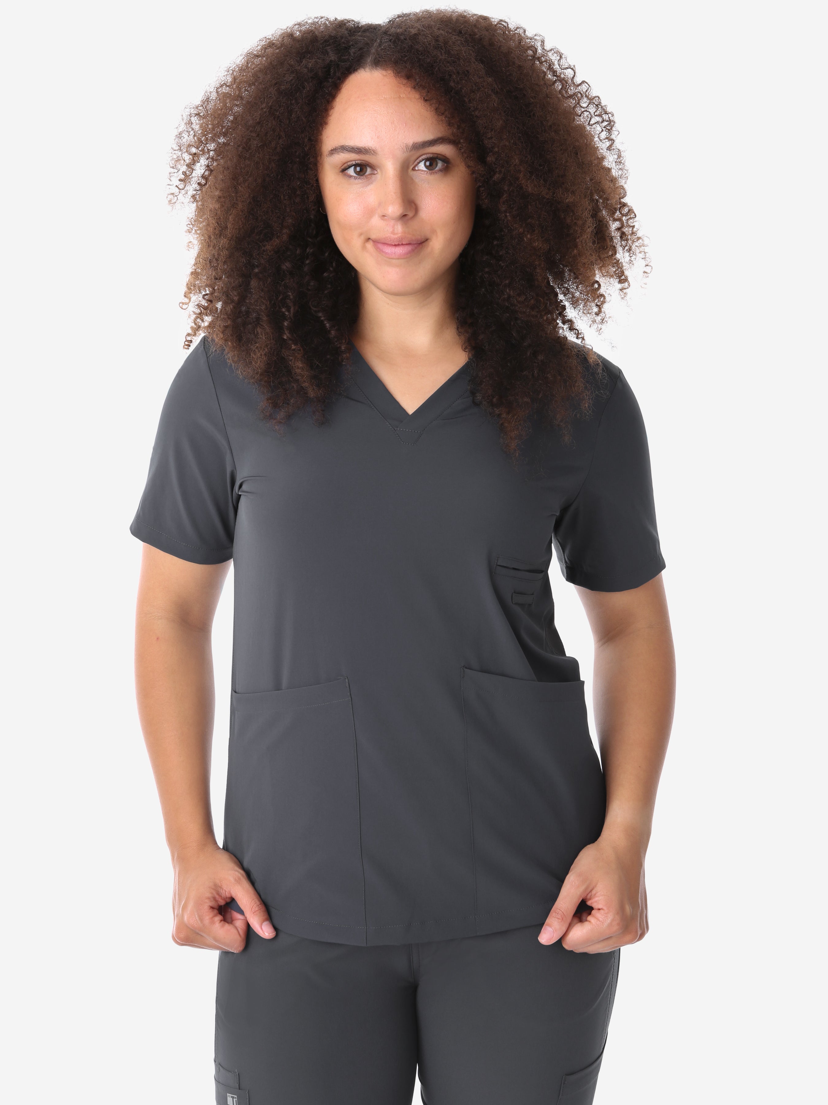 Women&#39;s Four-Pocket Scrub Top Charcoal Top Only Front View