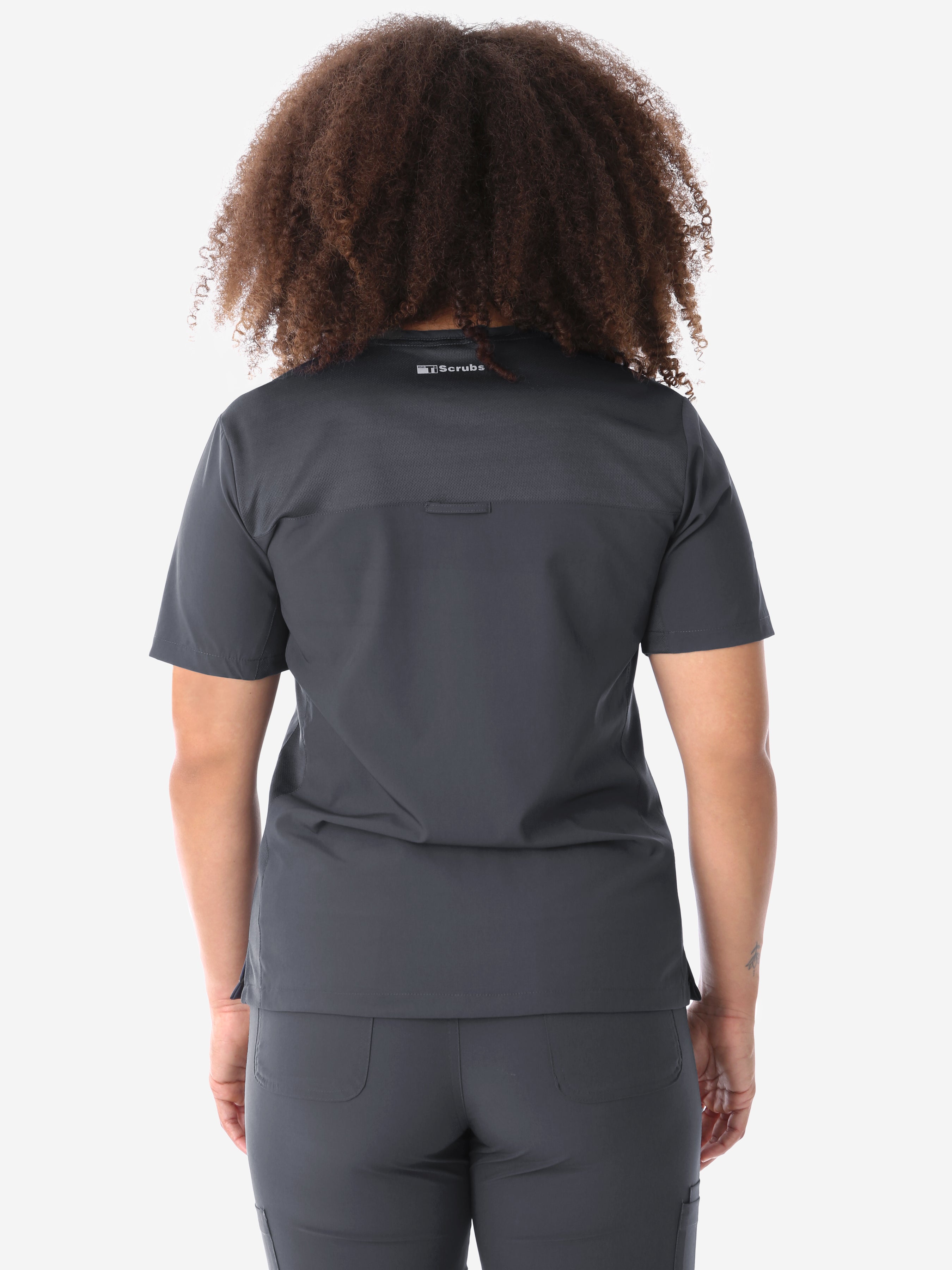 Women&#39;s Four-Pocket Scrub Top Charcoal Top Only Back View