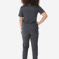 Women's Four-Pocket Scrub Top Charcoal Full Body Back View with 9-Pocket Pants