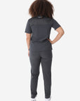Women's Four-Pocket Scrub Top Charcoal Full Body Back View with 9-Pocket Pants