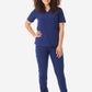 Women's Four-Pocket Scrub Top Navy Blue Full Body Front View with 9-Pocket Pants