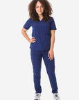 Women's Four-Pocket Scrub Top Navy Blue Full Body Front View with 9-Pocket Pants