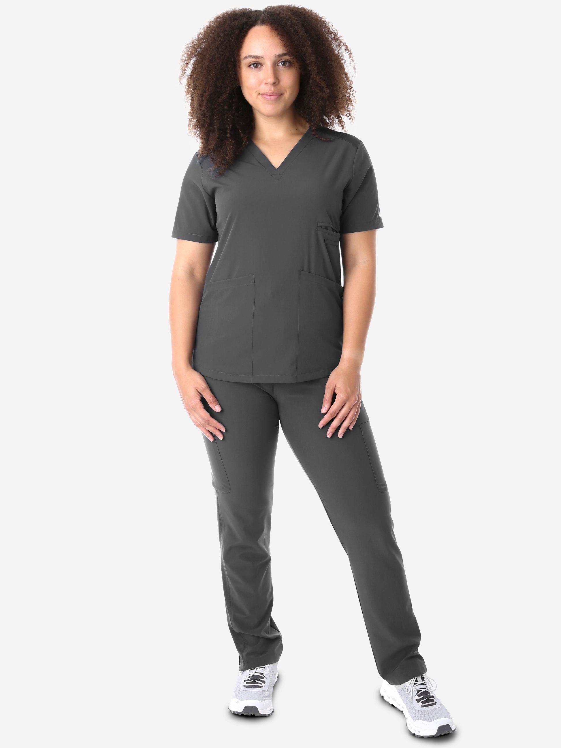 Women's Charcoal Gray Four-Pocket Scrub Top with 9-Pocket Pants Front