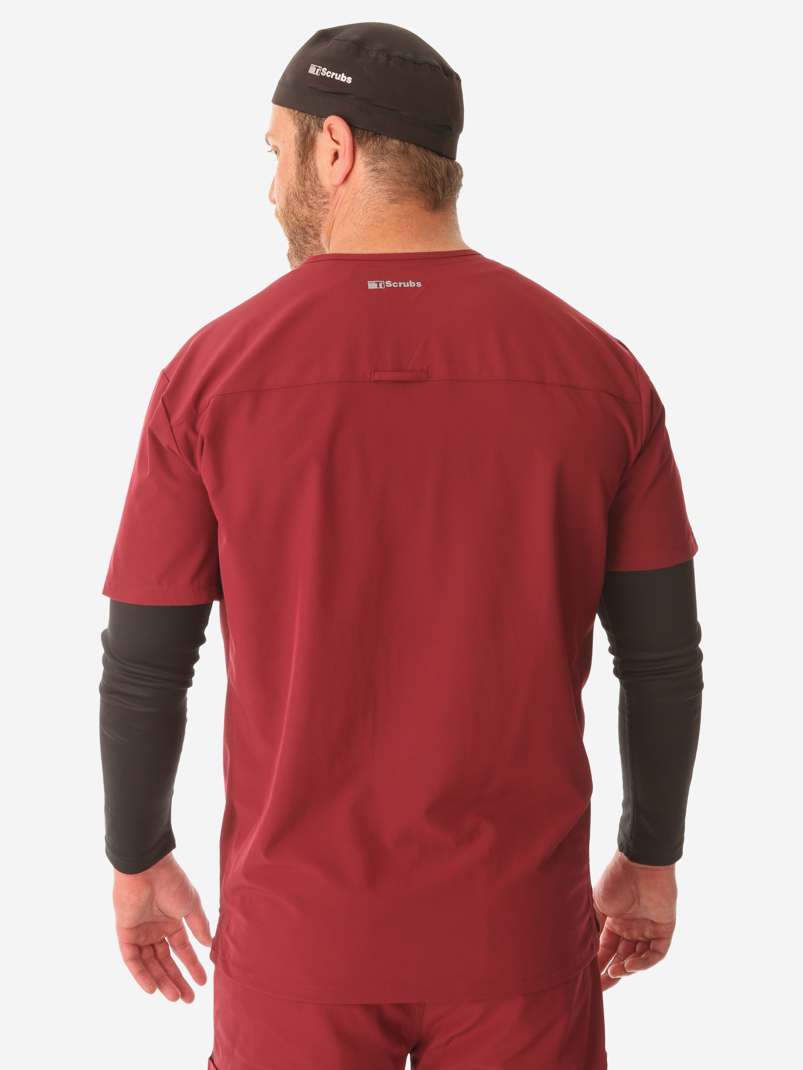 Men&#39;s Real Black Long-Sleeve Underscrub and Bold Burgundy Scrubs Back