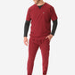 TiScrubs Stretch Men's Bold Burgundy Stretch Jogger Scrub Pants and Double-Pocket Top Untucked Long Sleeve Black Underscrub and Scrub Cap Full Body Front