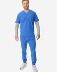 TiScrubs Men's Stretch Royal Blue Double-Pocket Scrub Top and Jogger Pants Full Body Front with Titanium Gray Underscrub