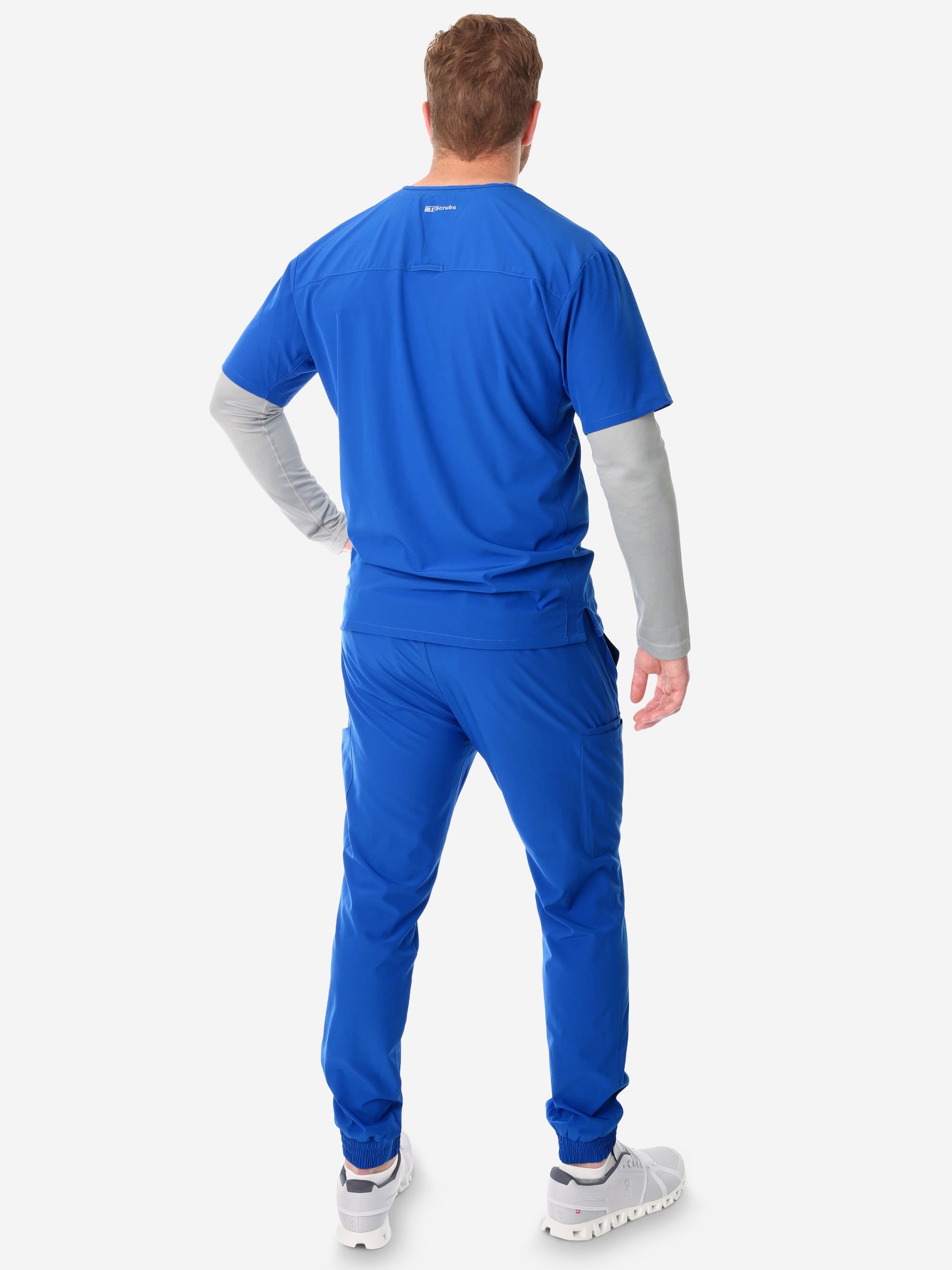 Titanium Gray Men&#39;s Long-Sleeve Mesh Underscrub Back with Royal Blue Scrubs