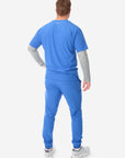 TiScrubs Men's Stretch Royal Blue Double-Pocket Scrub Top and Jogger Pants with Long-Sleeve Titanium Gray Underscrub Full Body Back