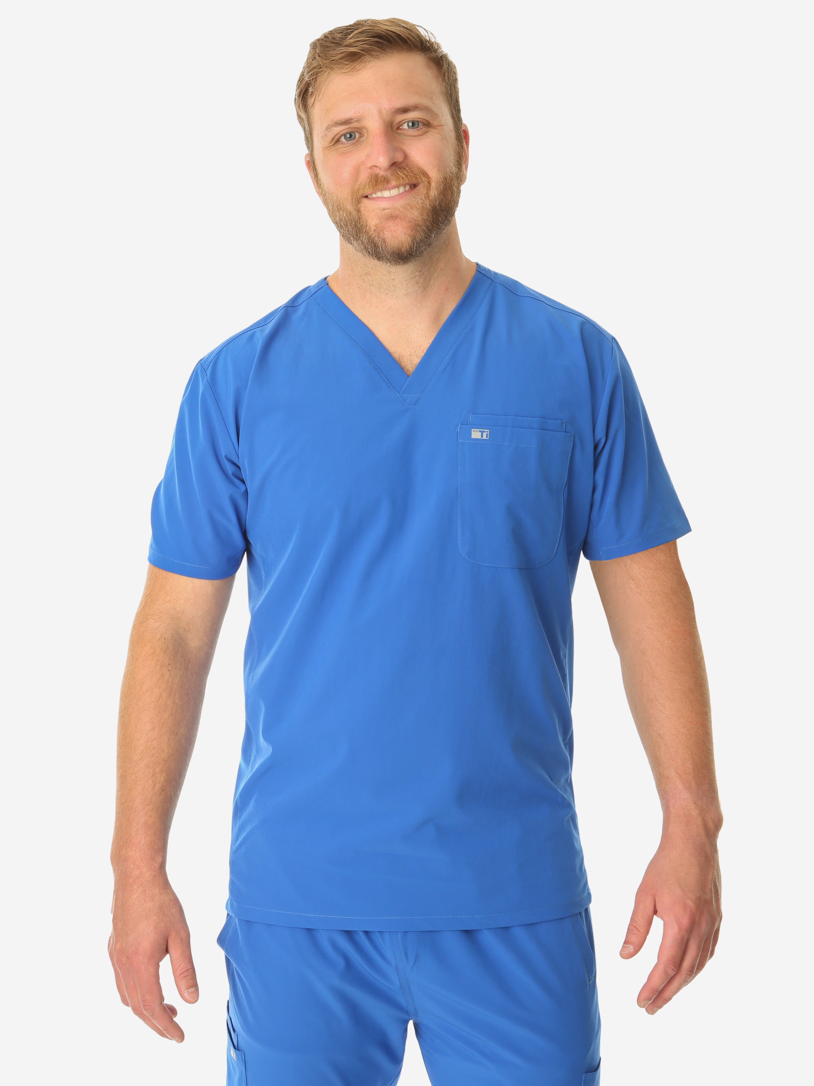 TiScrubs Men&#39;s Stretch Royal Blue Double-Pocket Scrub Top Only Front