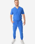 TiScrubs Men's Stretch Royal Blue Double-Pocket Scrub Top and Jogger Pants Full Body Front