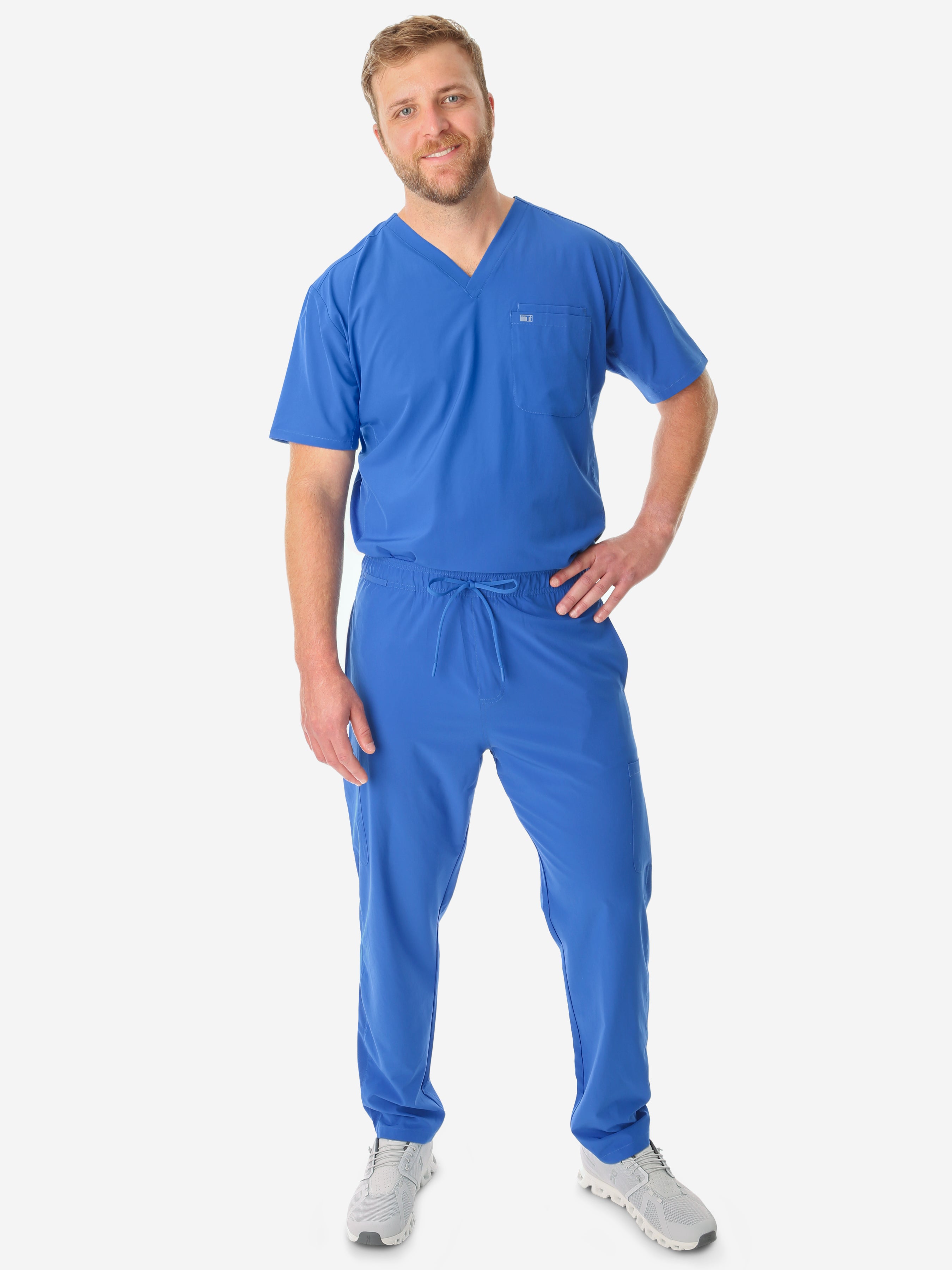 TiScrubs Royal Blue Men&#39;s 9-Pocket Scrub Pants and Double Pocket Top Front Full Body