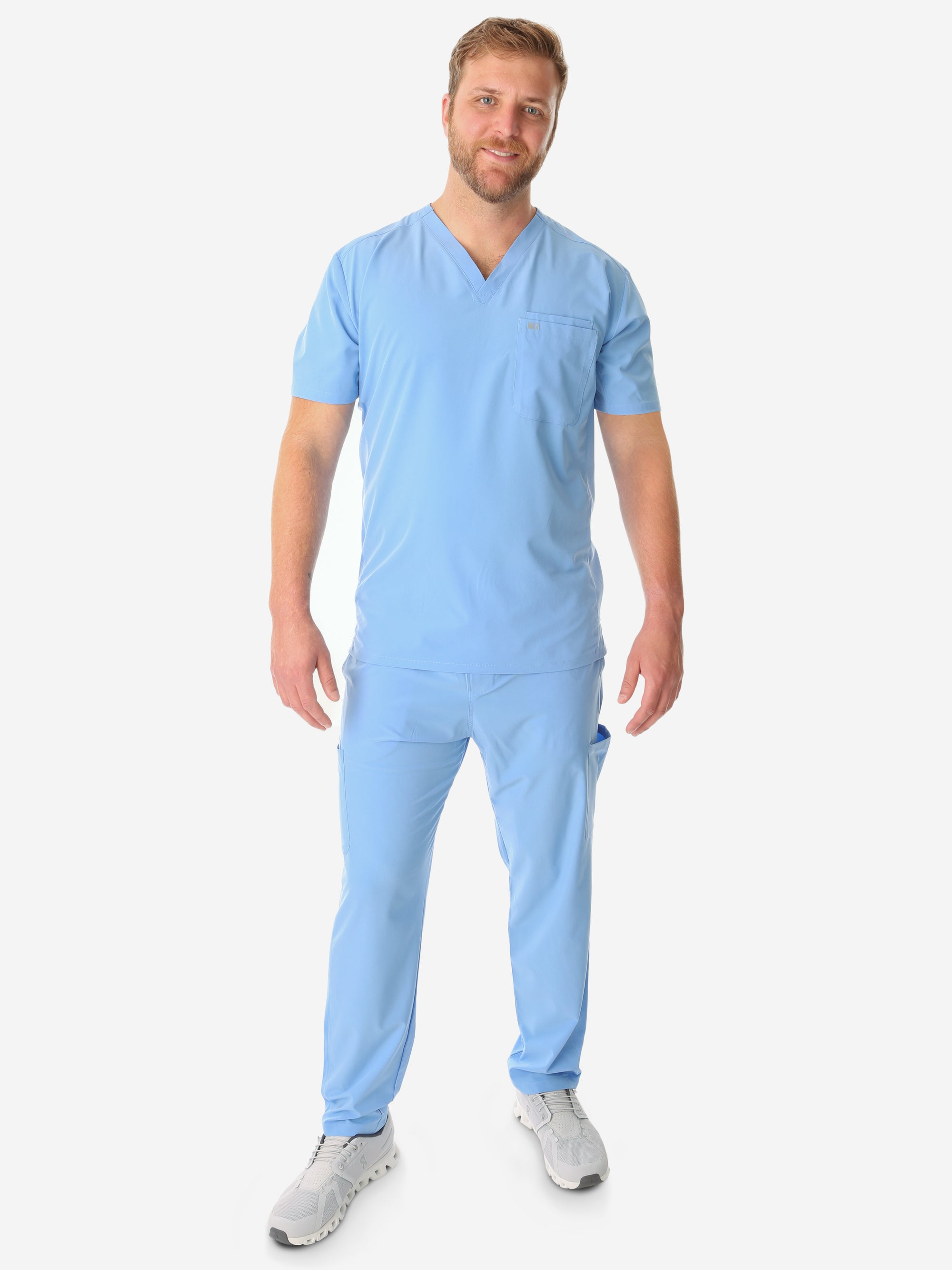 TiScrubs Ceil Blue Men&#39;s 9-Pocket Scrub Pants and Double Pocket Top Front Full Body