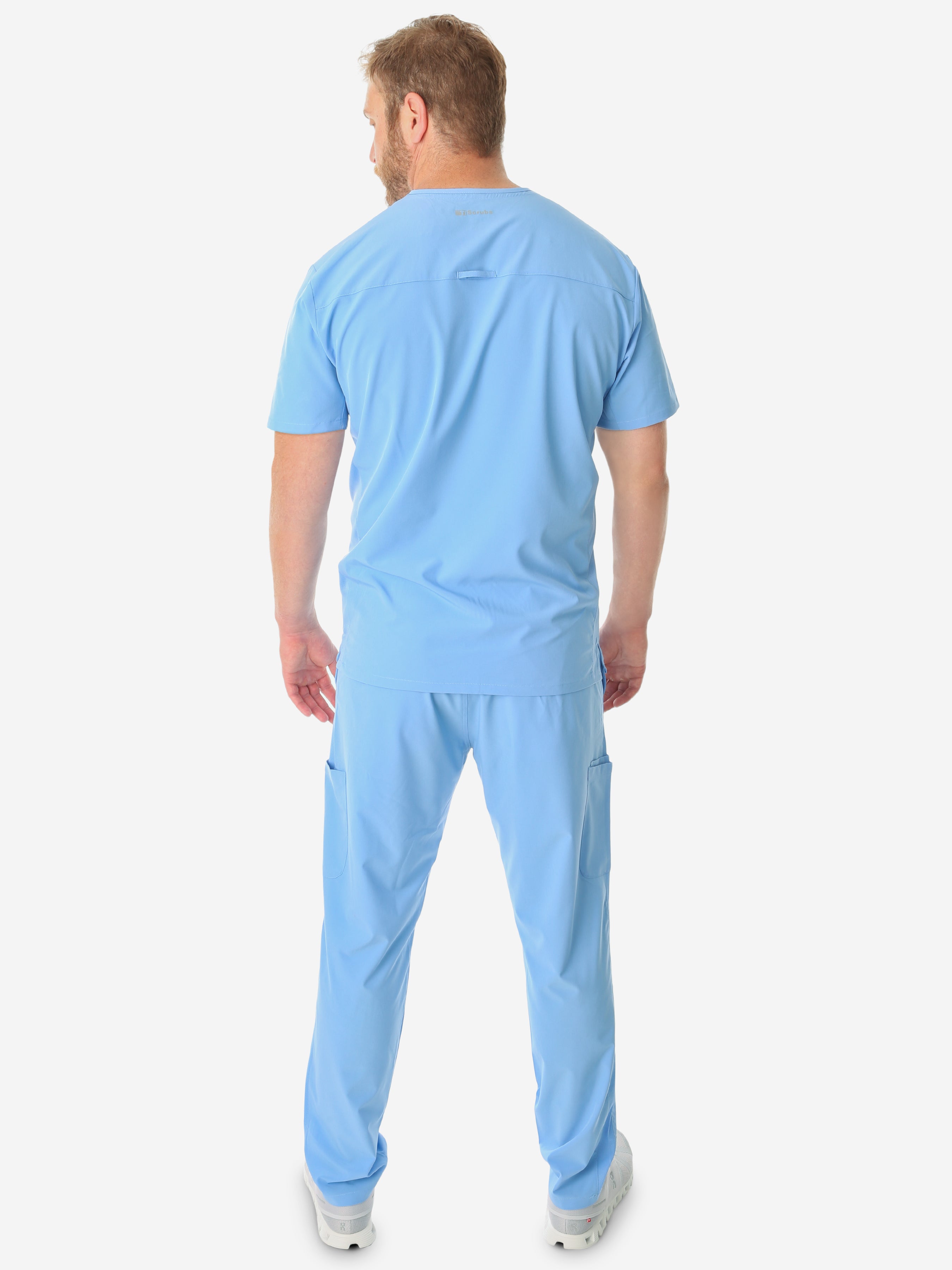 TiScrubs Ceil Blue Men&#39;s 9-Pocket Scrub Pants and Double Pocket Top Back Full Body