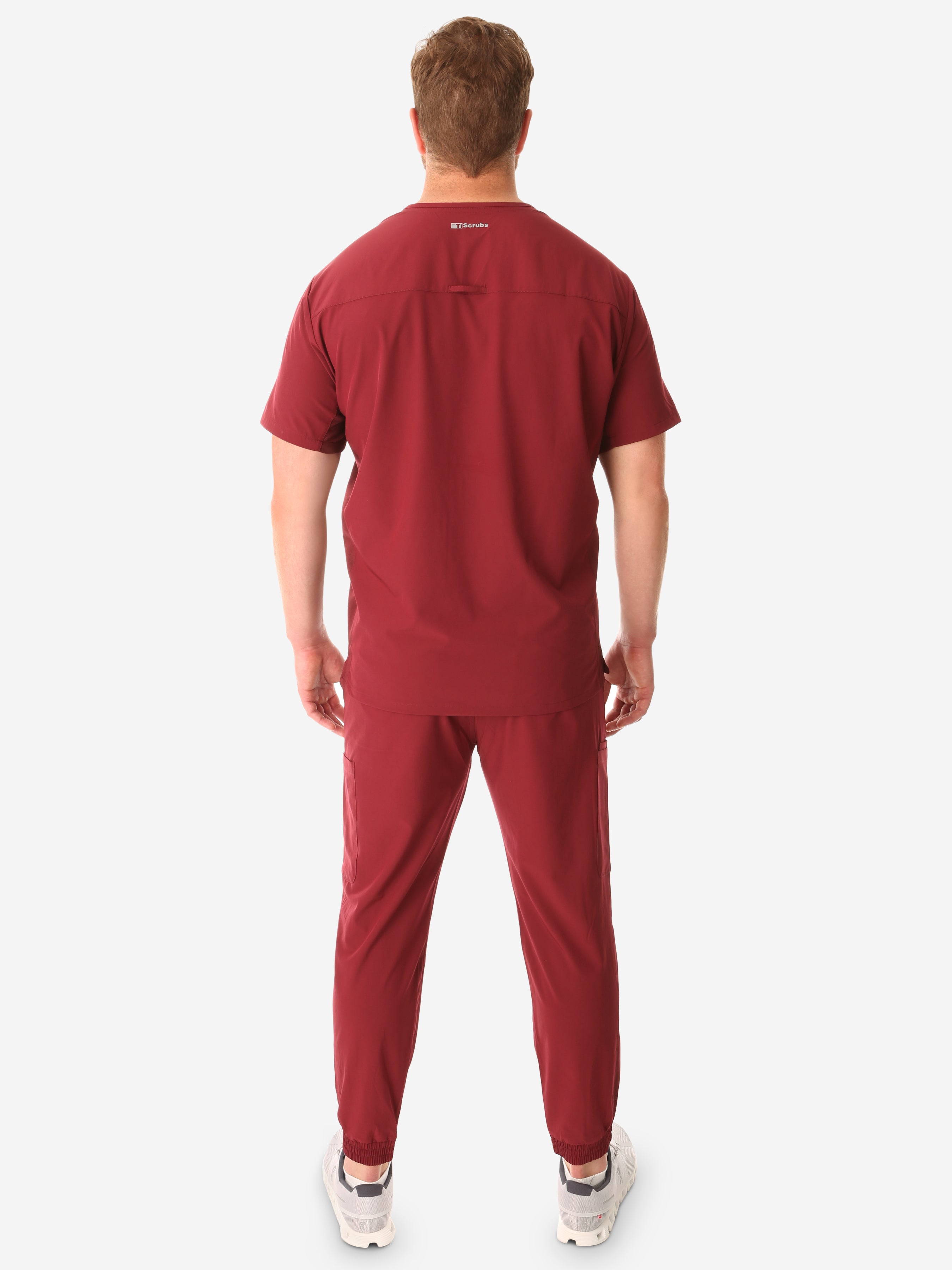 TiScrubs Men&#39;s Stretch Bold Burgundy Double-Pocket Scrub Top and Joggers with Long-Sleeve Full Body Back