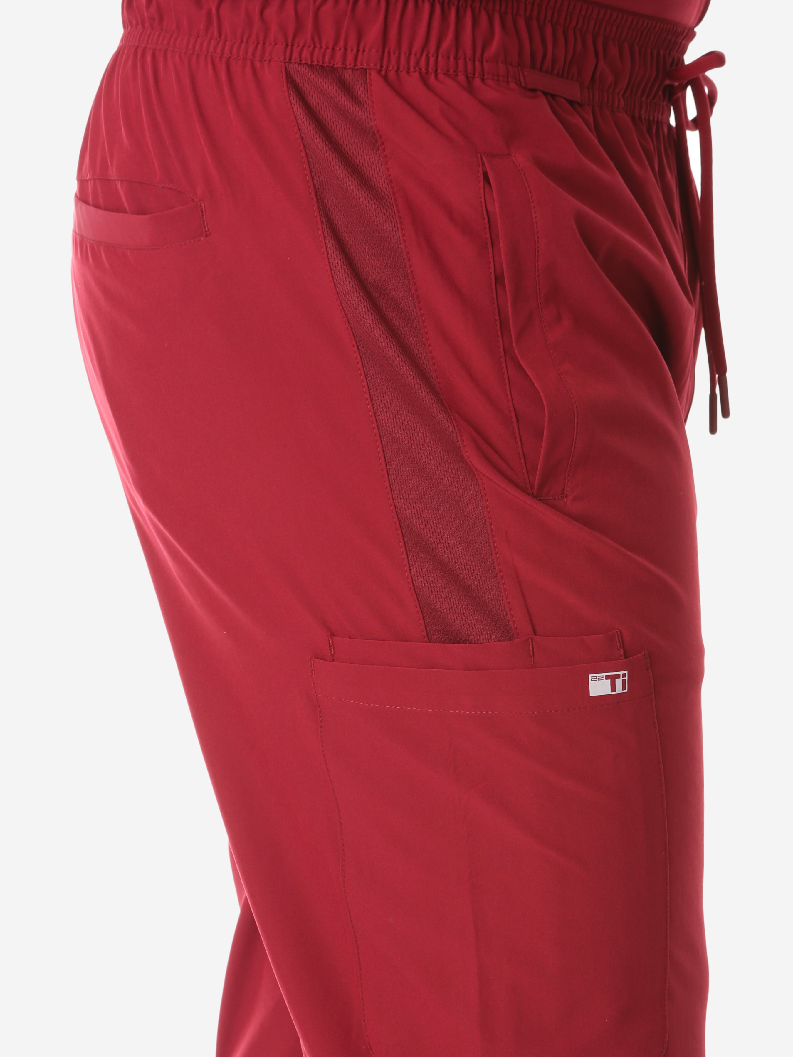TiScrubs Bold Burgundy Men&#39;s 9-Pocket Scrub Pants Closeup Mesh Stripe and Cargo Pocket Side View
