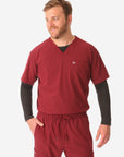 TiScrubs Men's Stretch Bold Burgundy Double-Pocket Scrub Top with Long-Sleeve Black Underscrub Top Only ont
