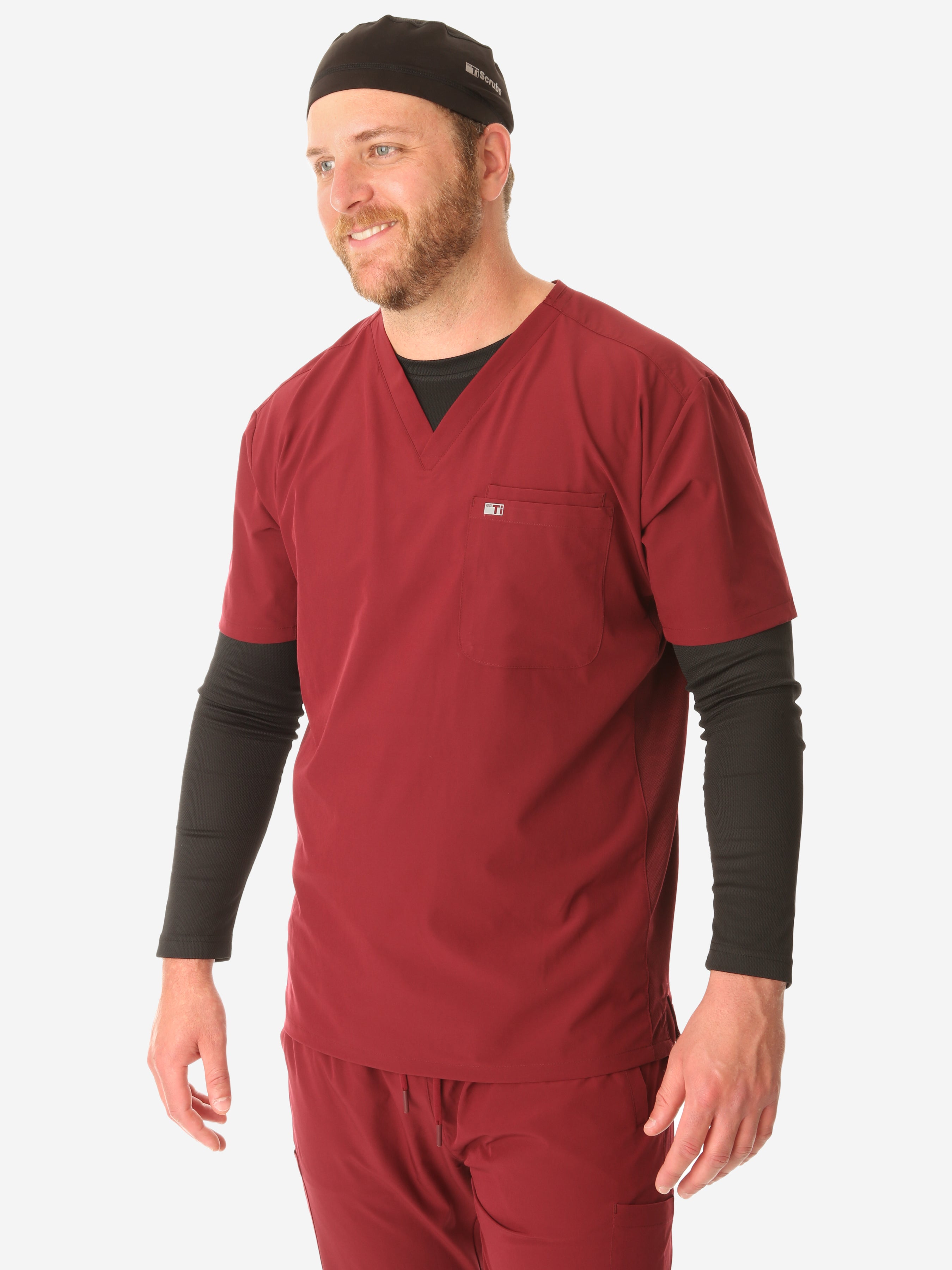 TiScrubs Real Black Men's Long-Sleeve Underscrub Tucked Top Only Front with Scrub Cap and Bold Burgundy Scrubs