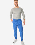 TiScrubs Stretch Men's Royal Blue Jogger Scrub Pants and Long-Sleeve Underscrub Gray Full Body Front