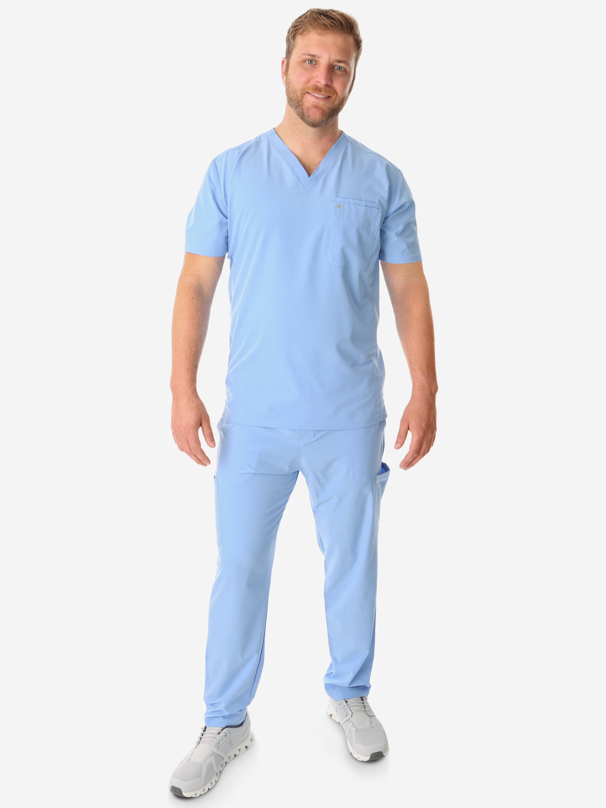 Men's 9-Pocket Scrub Pants Ceil Blue with Double-Pocket Scrub Top Front