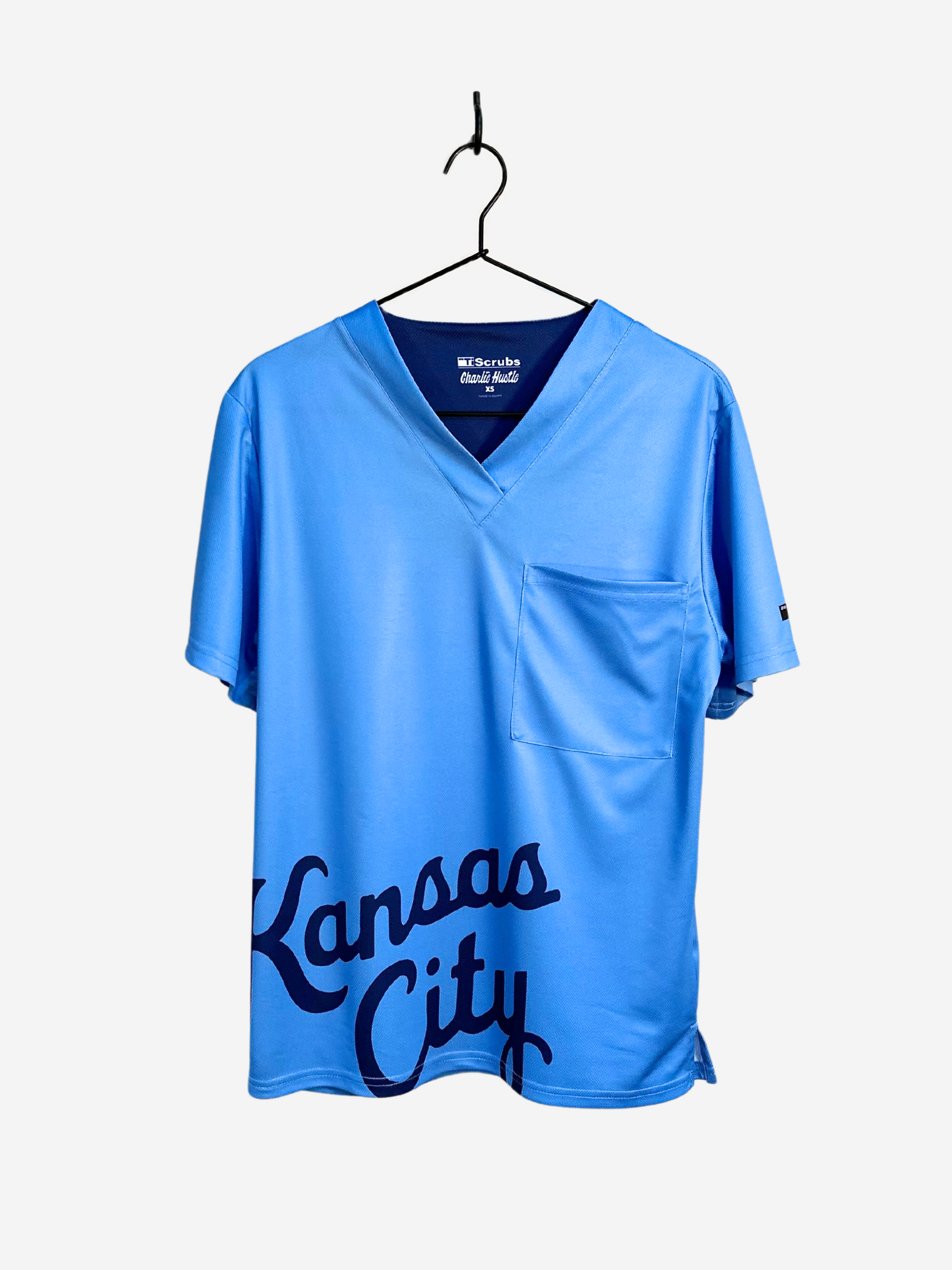Men&#39;s Charlie Hustle KC Royals Sporting KC Kansas City Script Scrub Top Light Blue Front View