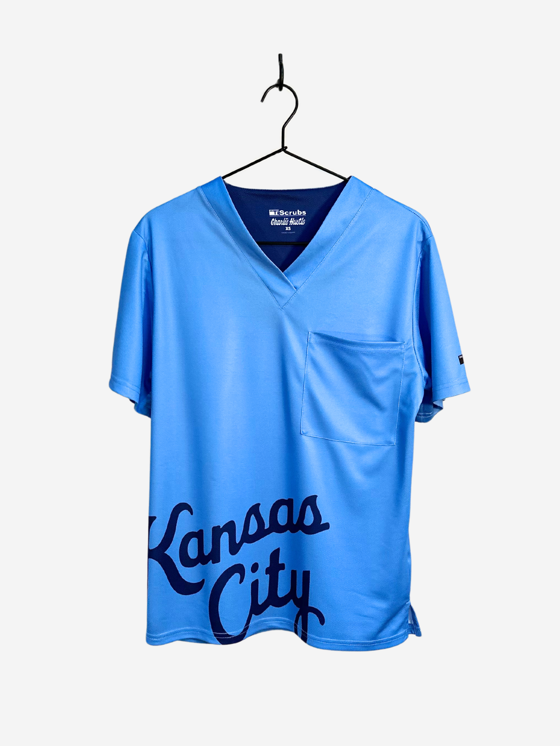 Men's Charlie Hustle KC Royals Sporting KC Kansas City Script Scrub Top Light Blue Front View