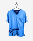 Men's Charlie Hustle KC Royals Sporting KC Kansas City Script Scrub Top Light Blue Front View