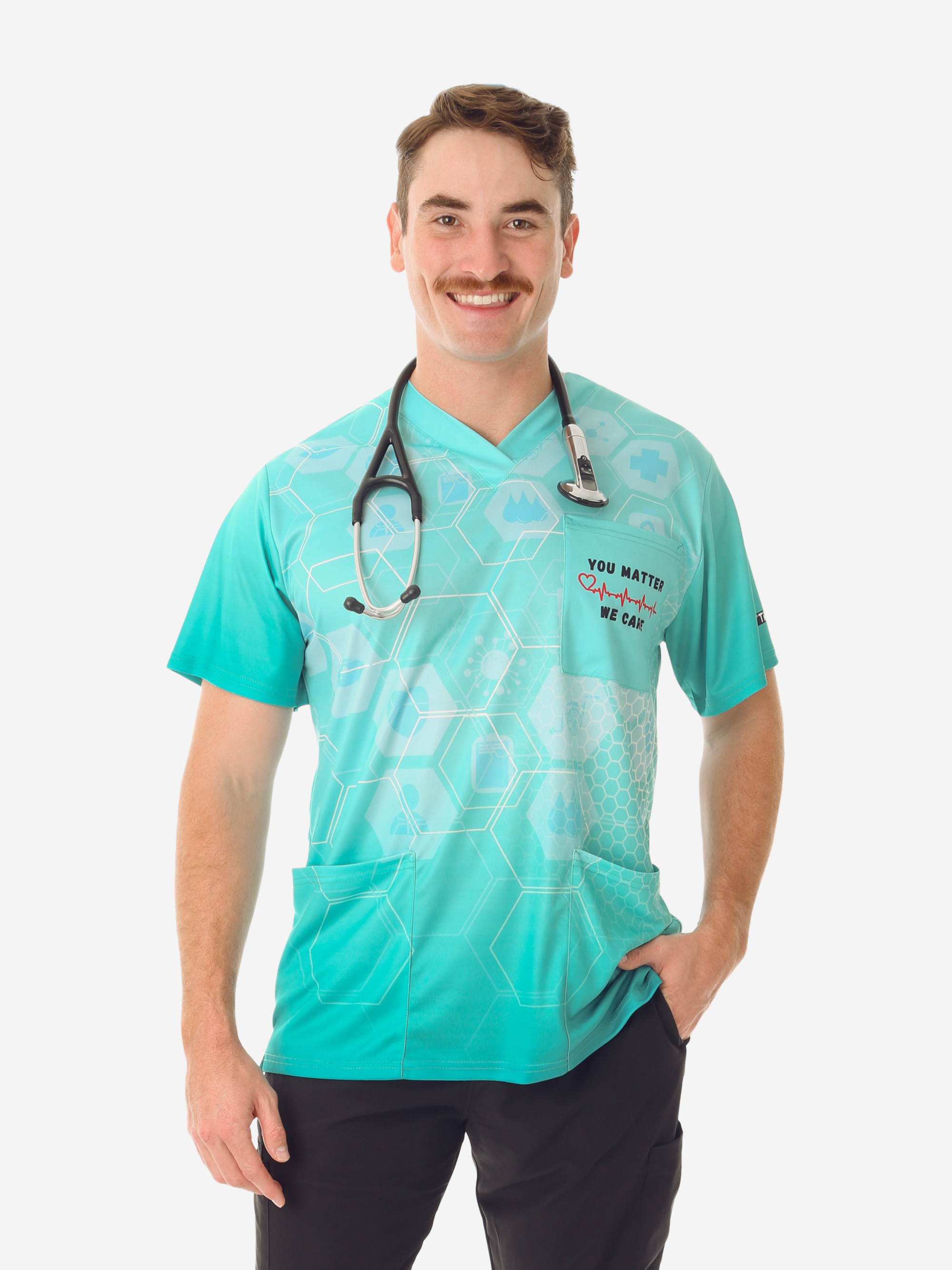 Men&#39;s The University of Kansas Health System Scrub Top Design Contest Winner You Matter We Care Top Only Front View