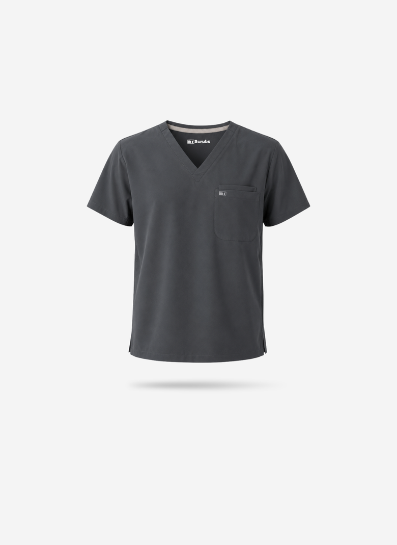 Men's Double-Pocket Scrub Top Charcoal Gray Floating Image