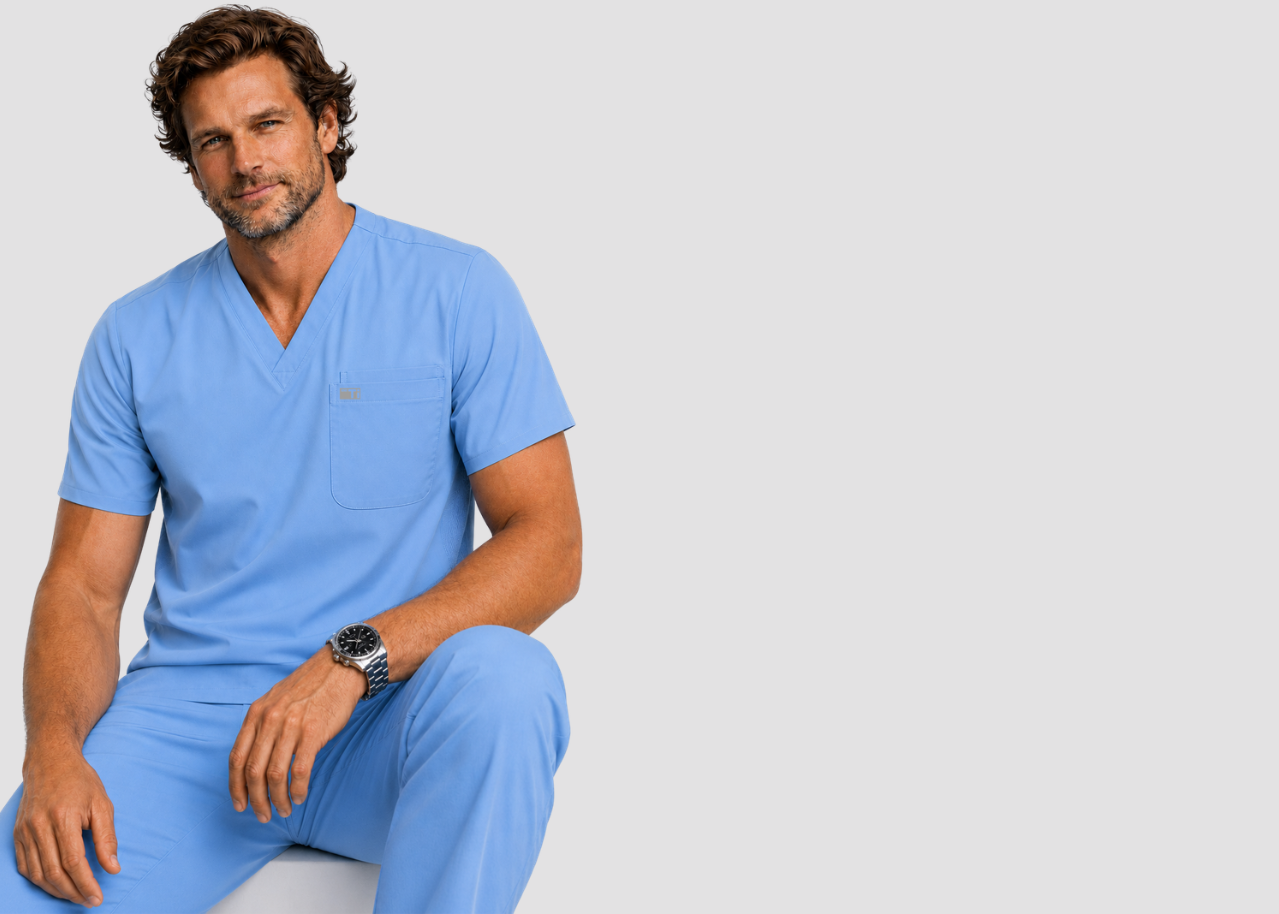 Male dentist wearing a men's Ceil Blue TiScrubs double-pocket scrub top and scrub pants