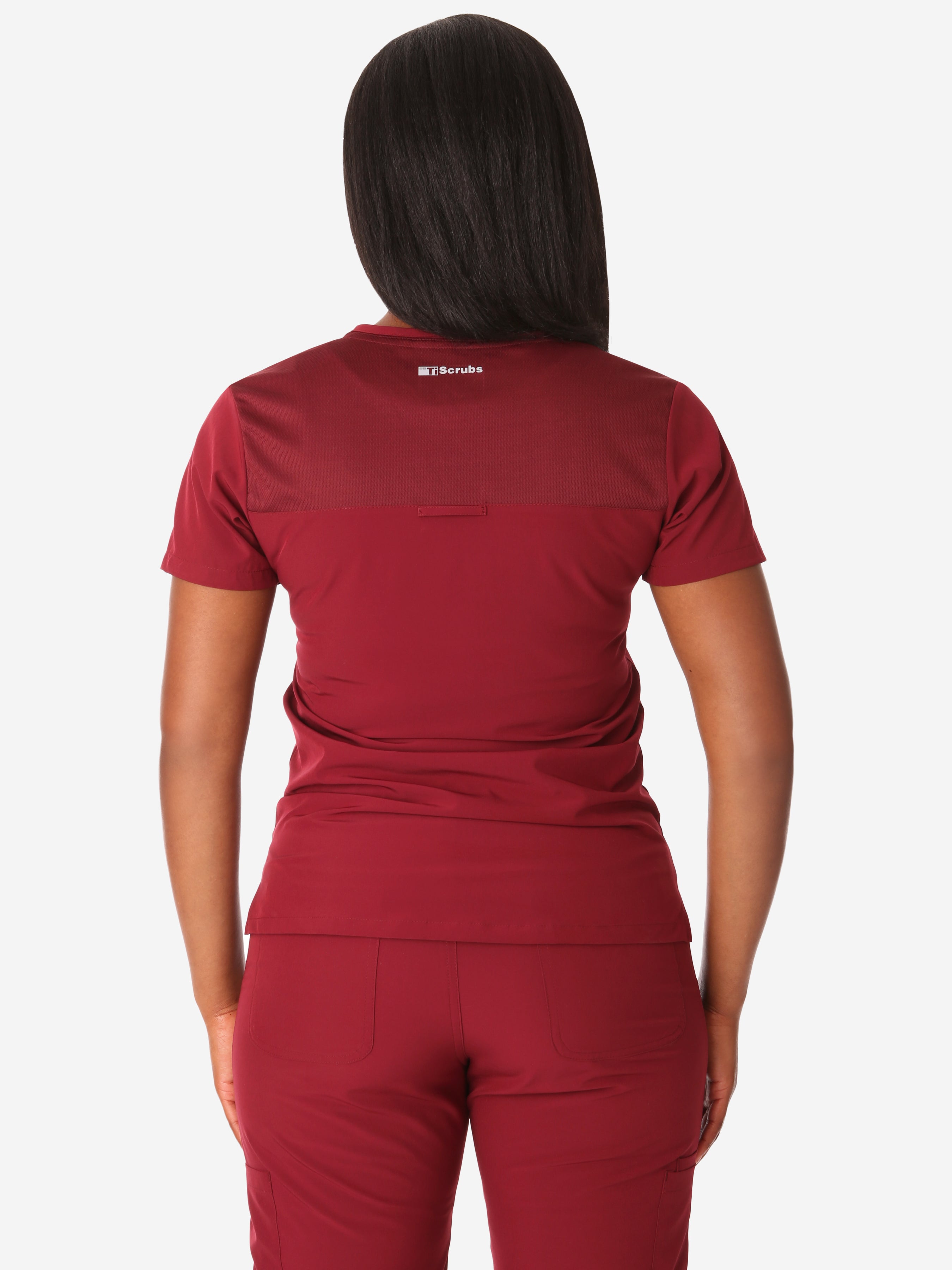 TiScrubs Women&#39;s Stretch Bold Burgundy One-Pocket Tuckable Scrub Top Untucked  Top Only Back