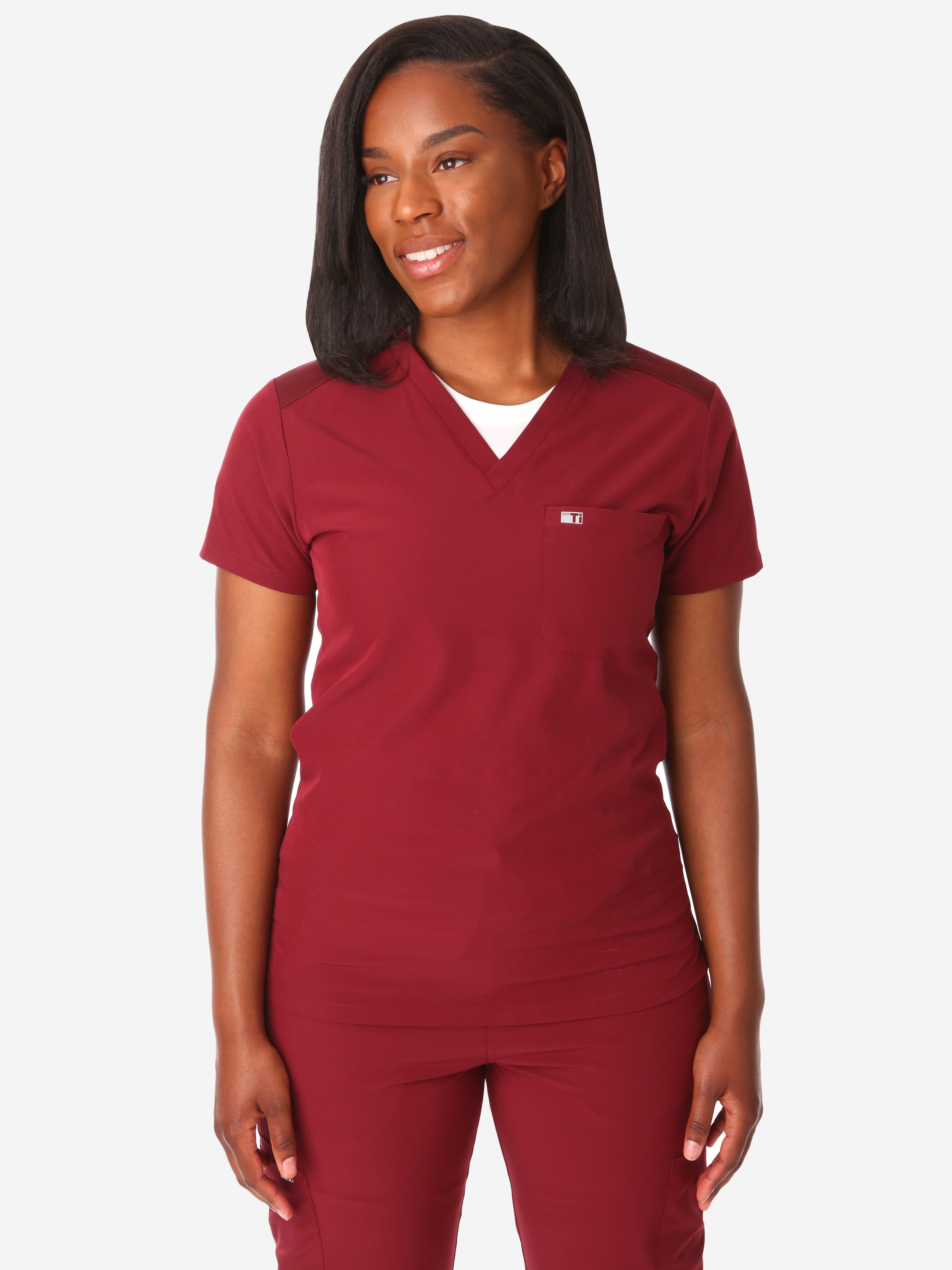 TiScrubs Women&#39;s Stretch Bold Burgundy One-Pocket Tuckable Scrub Top Untucked  Top Only Front