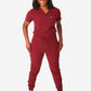 TiScrubs Women's Stretch Bold Burgundy One-Pocket Tuckable Scrub Top and 9-Pocket Pants Untucked  Full Body Front