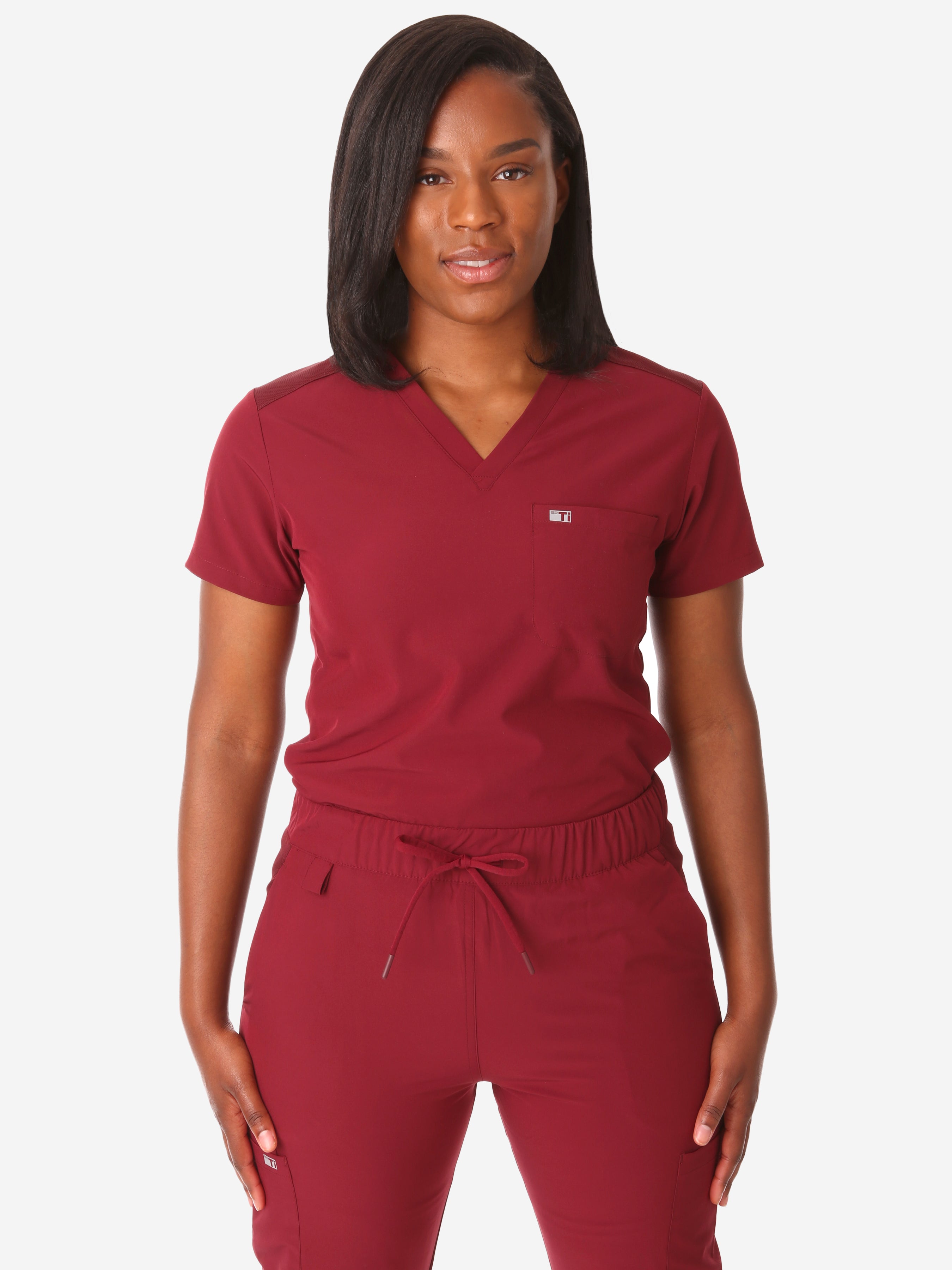 TiScrubs Women&#39;s Stretch Bold Burgundy One-Pocket Tuckable Scrub Top Tucked  Top Only Front