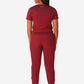 TiScrubs Women's Stretch Bold Burgundy One-Pocket Tuckable Scrub Top and 9-Pocket Pants Tucked  Full Body Back