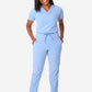 TiScrubs Women's Stretch Ceil Blue One-Pocket Tuckable Scrub Top and 9-Pocket Pants Tucked  Full Body Front