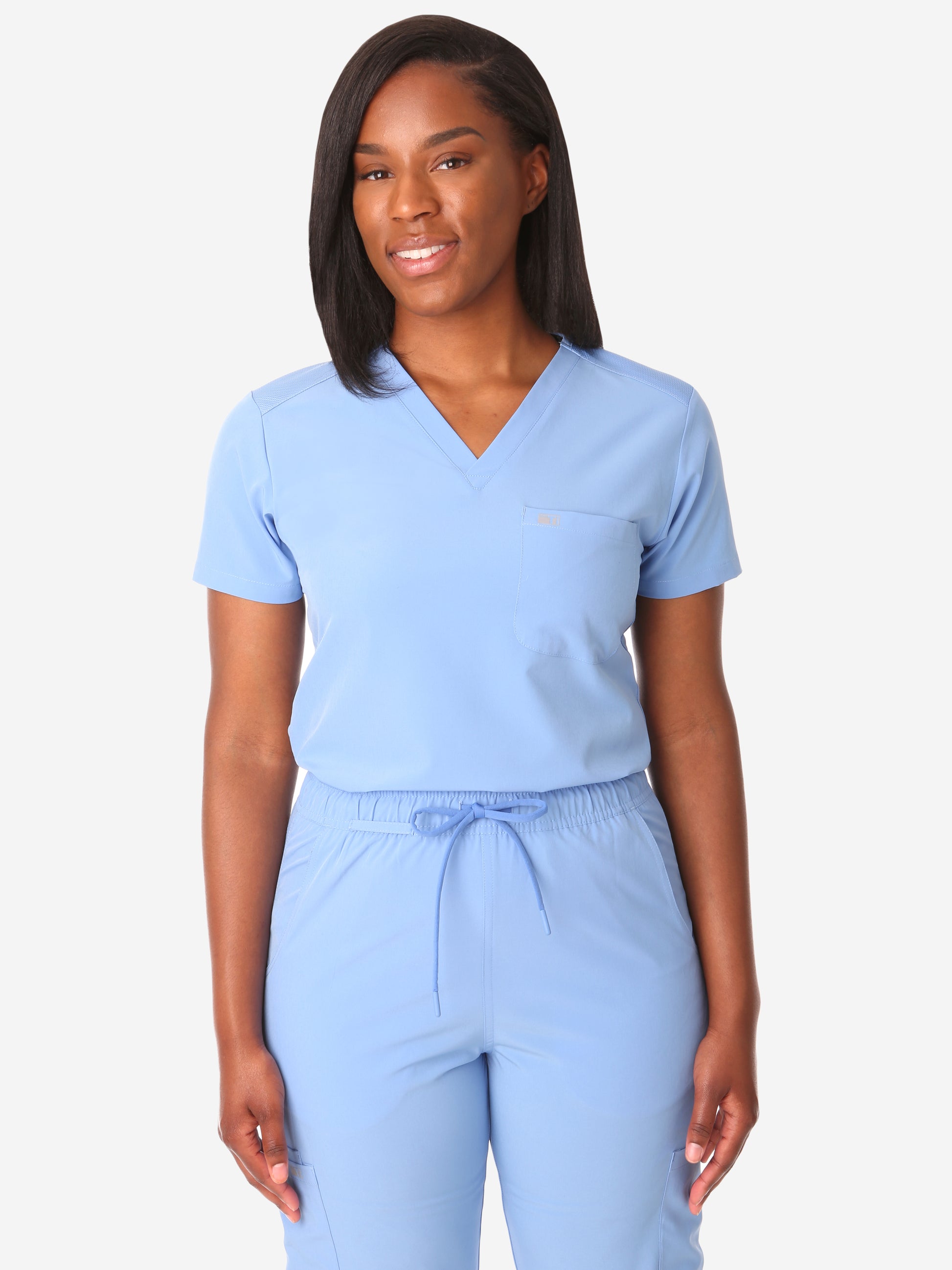 TiScrubs Women's Stretch Ceil Blue One-Pocket Tuckable Scrub Top Tucked  Top Only Front