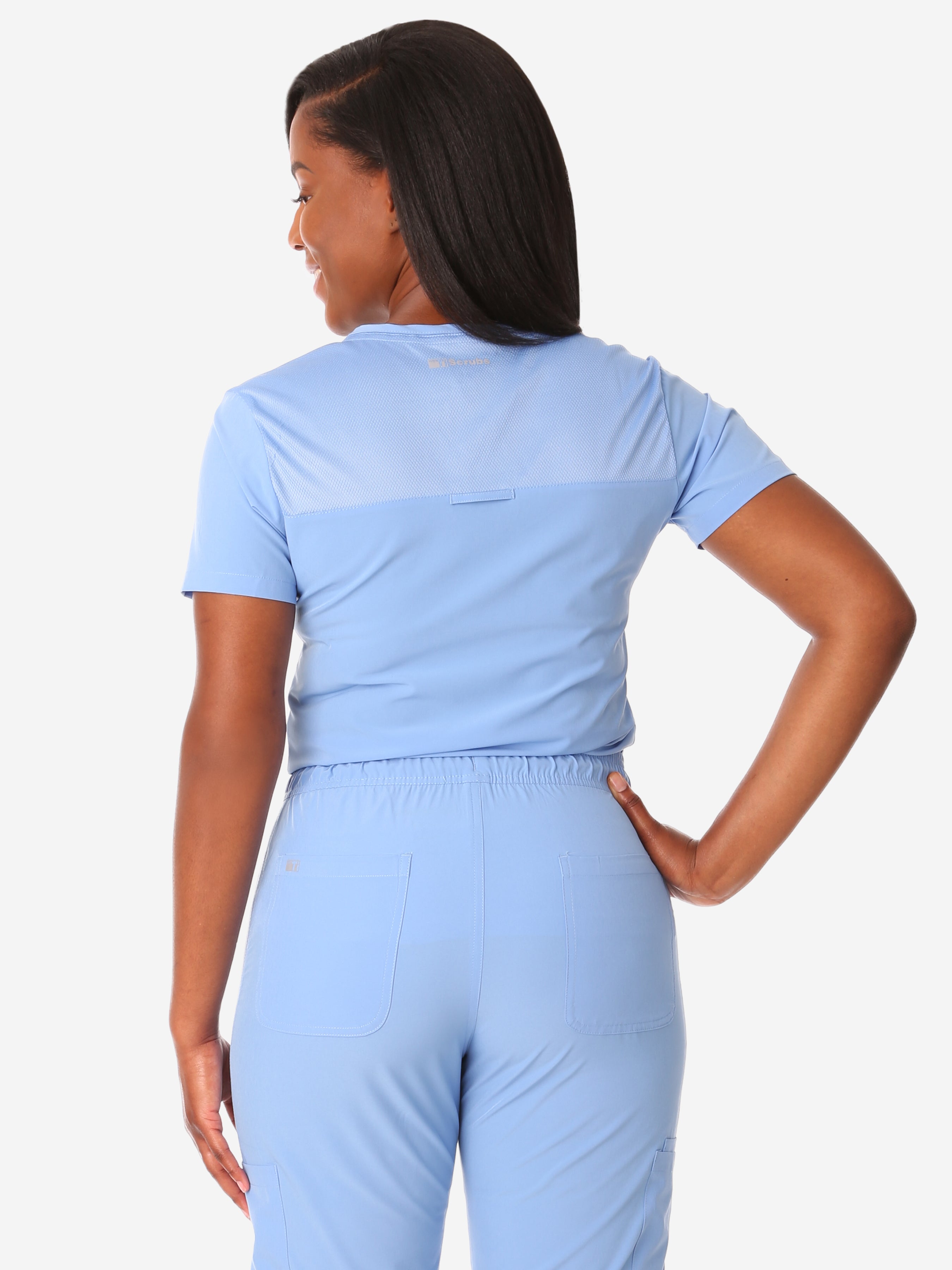 TiScrubs Women&#39;s Stretch Ceil Blue One-Pocket Tuckable Scrub Top Tucked  Top Only Back
