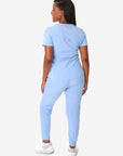 TiScrubs Ceil Blue Women's Stretch Perfect Jogger Pants and One-Pocket Tuckable Top Back View Full Body