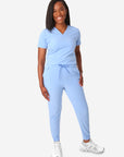 TiScrubs Ceil Blue Women's Stretch Perfect Jogger Pants and One-Pocket Tuckable Top Front View Full Body